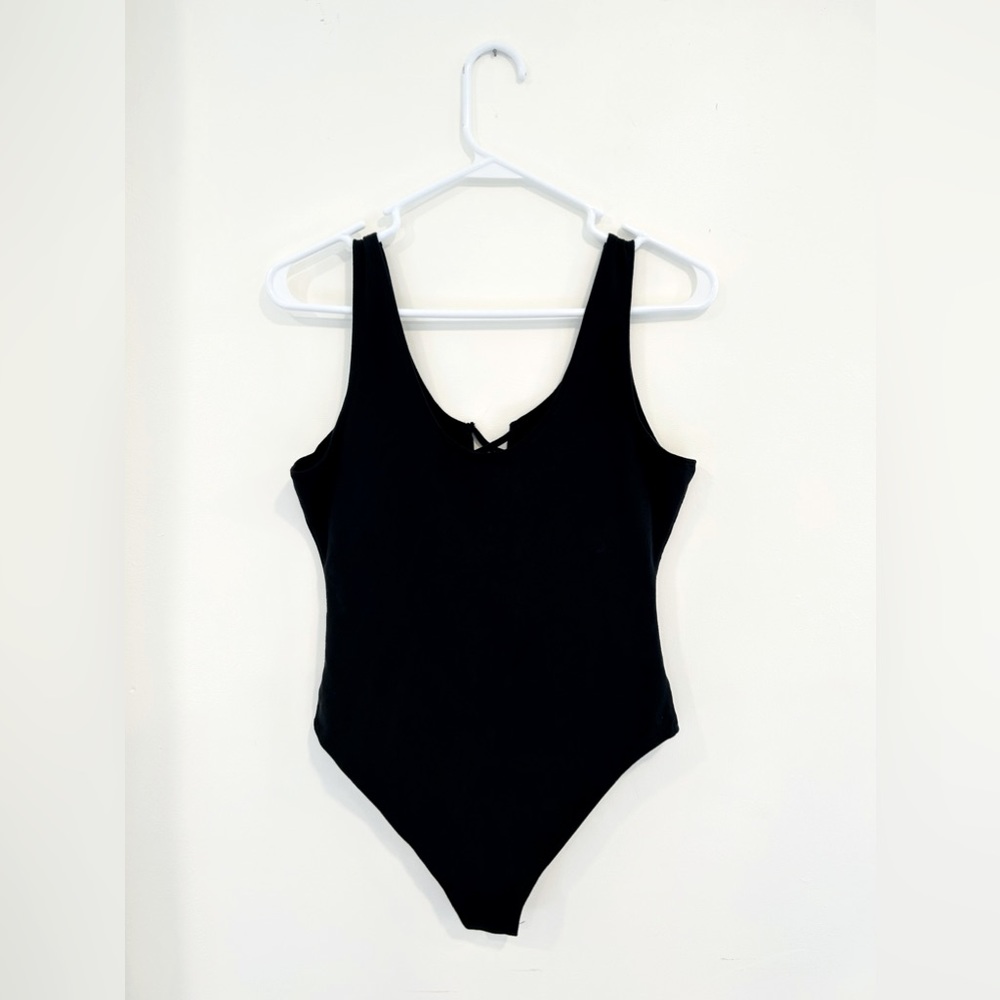 Forever 21 Black Tank Top Bodysuit Laced V-Neck Criss Cross Size M